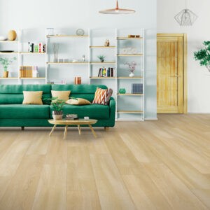 Green sofa on laminate flooring | Carpet House Flooring Center